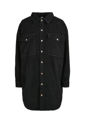 Czarna sztruksowa koszula-kurtka z długim rękawem, kołnierzykiem, zapięciem na guziki z przodu oraz dwoma zapinanymi na guziki kieszeniami na piersi.