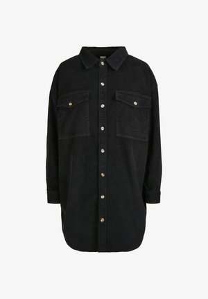 Mustast velvetist pikkade varrukatega särk-jakk, krae, esikinnis nööpidega ja kaks rinnataskut, millel on nööbid.