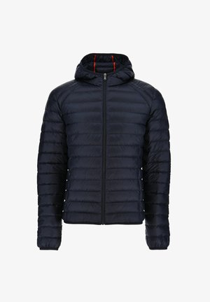 Giubbotto imbottito blu navy con cappuccio, presenta un design a quadretti orizzontali, chiusura frontale con zip e polsini elasticizzati per una vestibilità aderente.