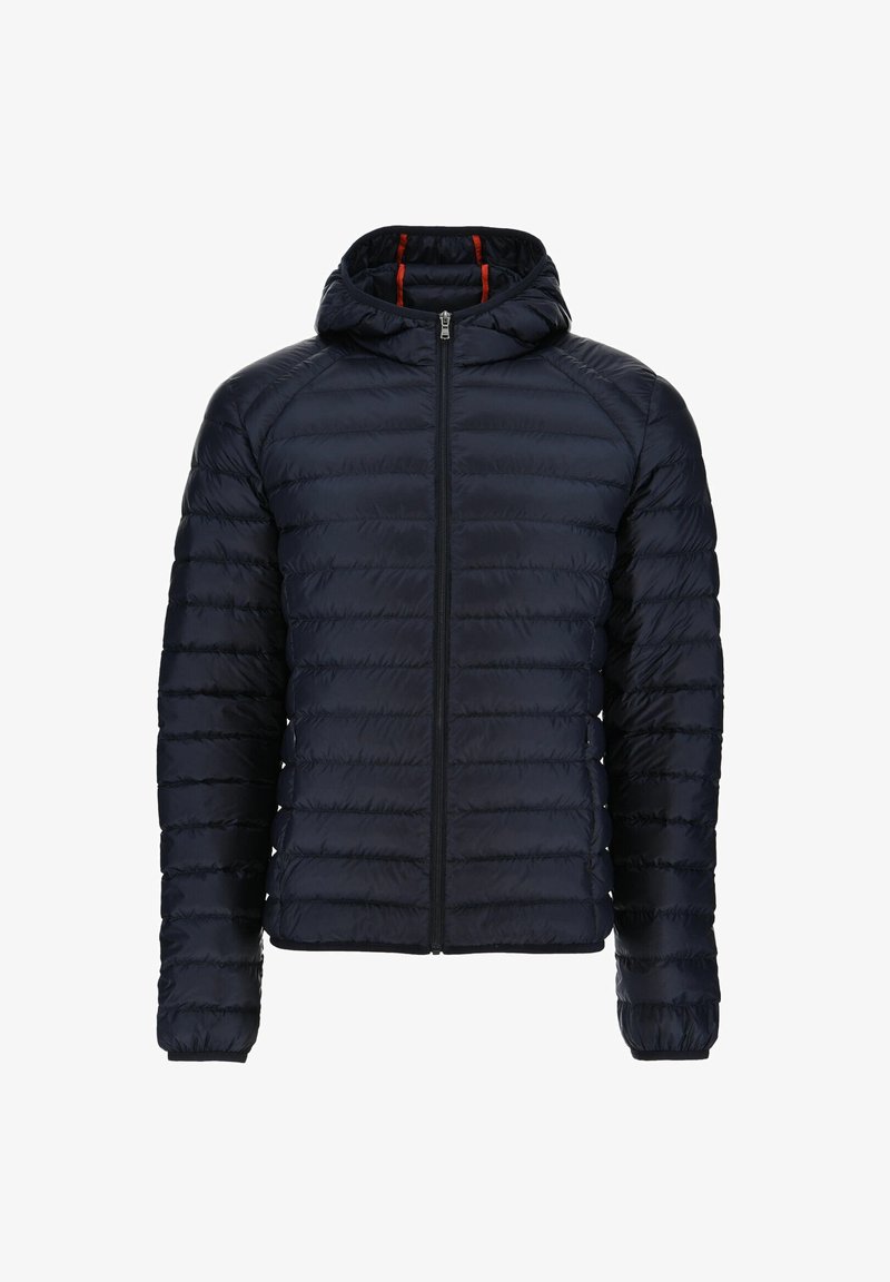 Dunkelblaues Steppjacke mit Kapuze, verfügt über ein horizontales Steppmuster, einen durchgehenden Reißverschluss vorne und elastische Bündchen für eine enge Passform.