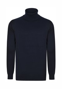 Navyblauw gebreide coltrui met lange mouwen, geribbelde kraag, boorden en zoom. Gladde textuur, klassieke silhouet, minimaal ontwerp.