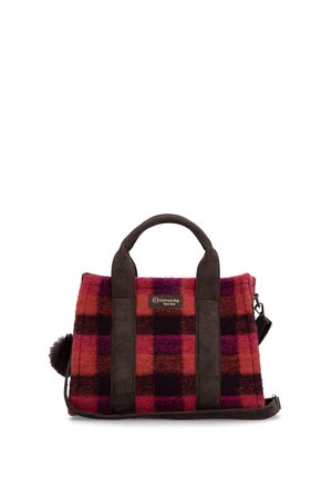 Rot-schwarze karierte Handtasche mit dunkelbraunen Griffen und Riemen, mit einem Remonte Markenlabel und einem kleinen Pompon an der Seite.
