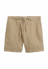 Lichte linnen shorts in zandkleur met een lichte textuur, voorzien van witte verticale strepen, een elastische tailleband met trekkoord en zijzakken.