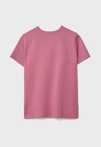 Plain short-sleeve pink t-shirt shown from the back on a white background, featuring a round neckline and simple stitching.