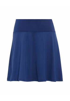 Jupe trapèze bleu marine avec une large ceinture, un tissu lisse et un ourlet arrivant au genou.