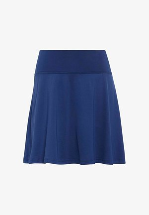 Jupe trapèze bleu marine avec une large ceinture, un tissu lisse et un ourlet arrivant au genou.