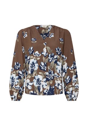 Blouse marron à manches longues avec un col en V et un motif floral bleu, blanc et beige avec des poignets froncés.