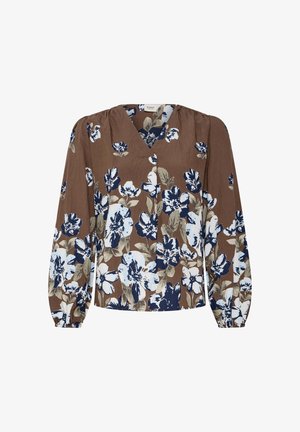 Blouse marron à manches longues avec un col en V et un motif floral bleu, blanc et beige avec des poignets froncés.
