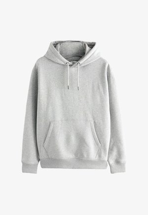 Sudadera con capucha gris, hecha de una tela suave. Cuenta con un bolsillo canguro frontal, capucha con cordones y puños y dobladillo acanalados.