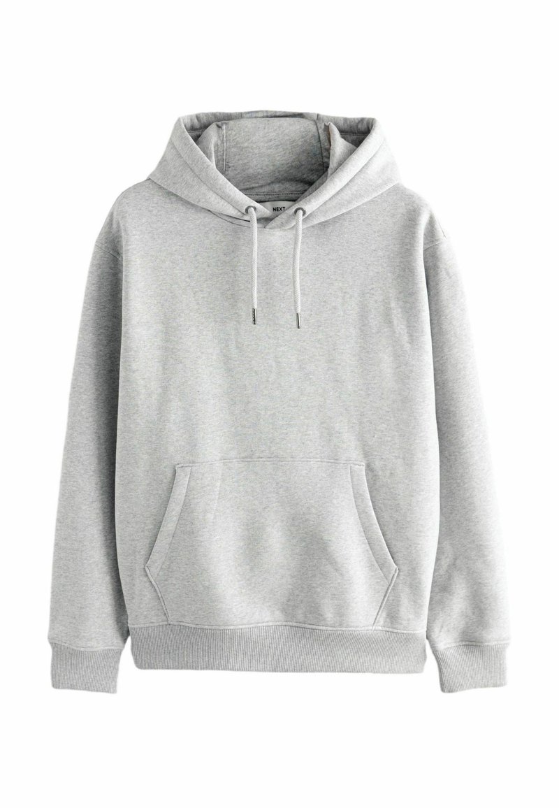 Sudadera con capucha gris, hecha de una tela suave. Cuenta con un bolsillo canguro frontal, capucha con cordones y puños y dobladillo acanalados.