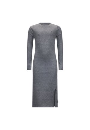 Langärmliges, geripptes graues Kleid mit rundem Ausschnitt und seitlichem Schlitz. Glatte Textur und figurbetonte Silhouette. Dezentes Logodesign auf der Brust.