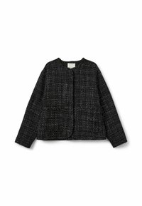 Črni tweed jopič z teksturirano površino, okroglo ovratnikom in sprednjimi žepi; ima odprt sprednji del in dolge rokave.