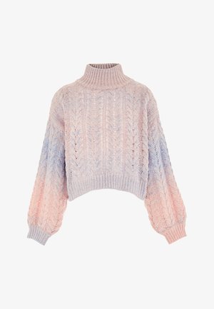 Gestrickter Pullover mit einem hohen Halsausschnitt, der einen Farbverlauf aus sanften Rosa- und Lavendelnuancen aufweist, mit Ballonärmeln und einem strukturierten Muster.