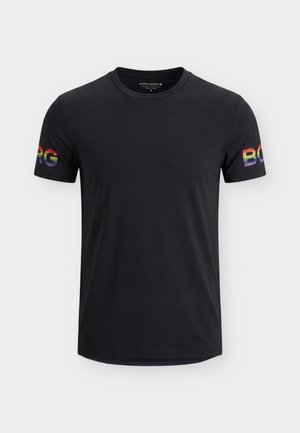 Black short-sleeve T-shirt with rainbow-colored "BORG" text on both sleeves and a round neckline.