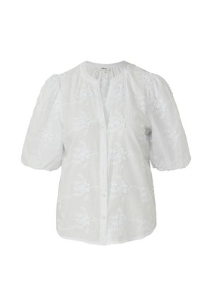 Biała bluzka z krótkimi, bufkowatymi rękawami, kwiatową haftacją, zapięciem na guziki z przodu oraz okrągłym dekoltem z delikatnymi fałdami.