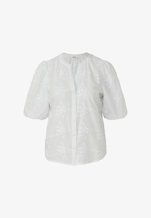 Blouse blanche avec manches courtes bouffantes, broderie florale, boutonnage devant et encolure ronde avec de subtils plis.