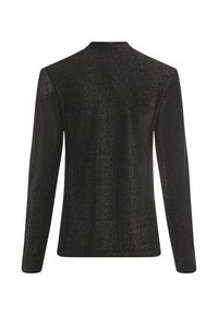 Zwart shirt met lange mouwen van een glad, gestructureerd stof met een subtiele glans. Heeft een hoge hals en een eenvoudig ontwerp zonder zichtbare sluitingen.