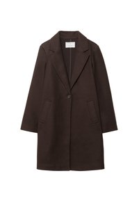 Cappotto in misto lana marrone con chiusura a un bottone, con rever a notched e due tasche frontali. Presenta una texture liscia e una silhouette dritta.