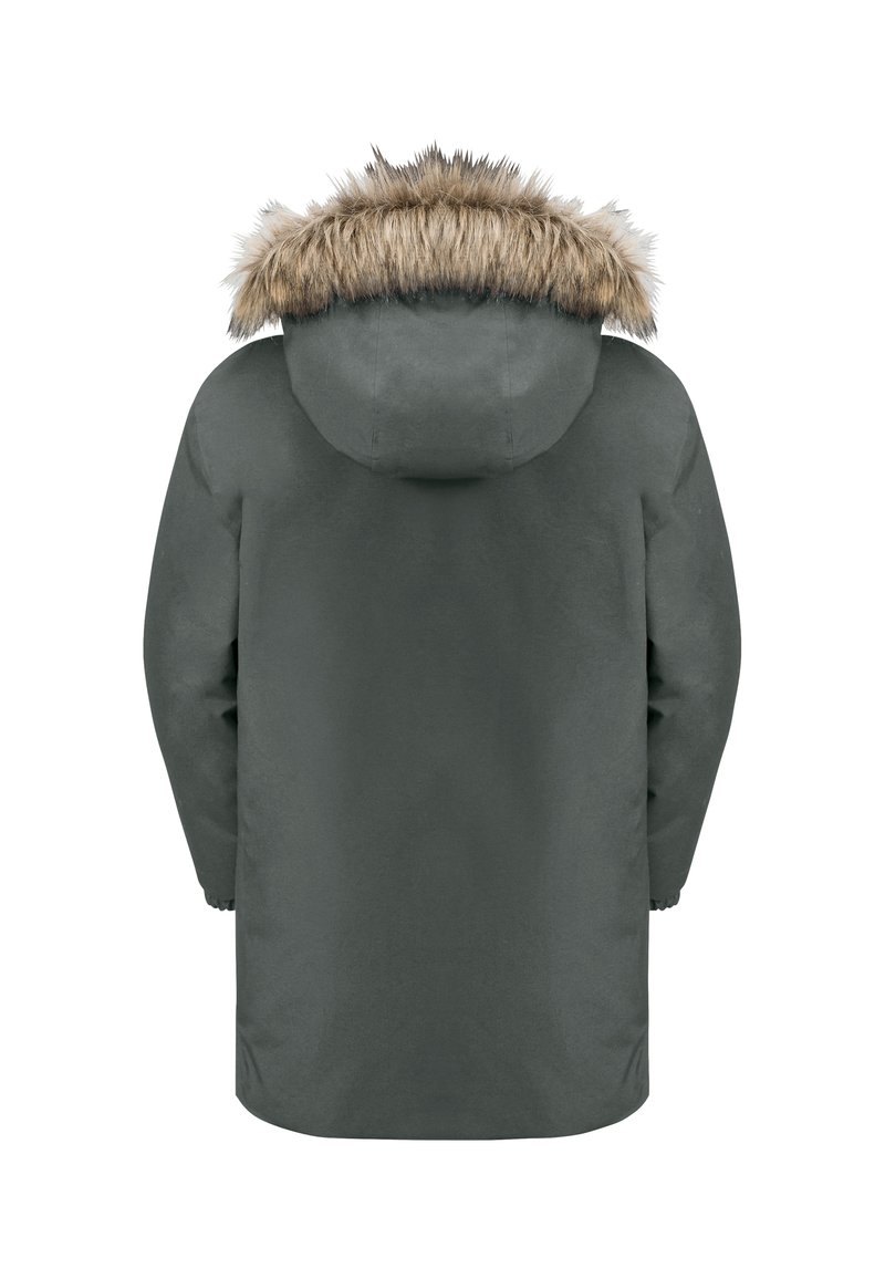 Langer grauer Parka mit Kapuze, gefüttert mit Kunstfell, mit glatter Textur und ohne sichtbare Verschlüsse oder Taschen auf der Rückseite.