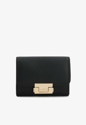 Schwarzes Lederportemonnaie mit strukturierter Oberfläche, goldfarbenem Verschluss und kompakter rechteckiger Form. Verfügt über ein Logo auf dem Verschluss.