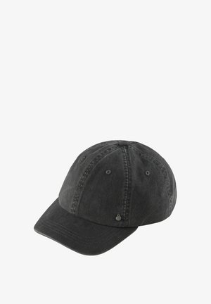 Schwarze Baumwoll-Baseballmütze mit gebogenem Schirm, sechs Paneelen und einem kleinen Metallelement. Verfügt über Belüftungslöcher und eine weiche Textur.