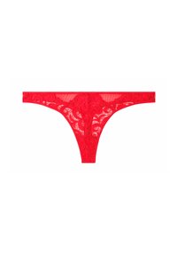 String en dentelle rouge avec des motifs floraux enroulés, texture transparente et taille étroite, conçu pour une couverture minimale.