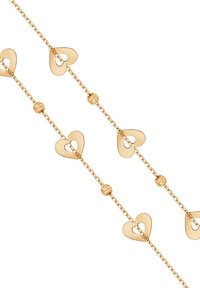 Złota bransoletka łańcuszkowa z serduszkowymi ogniwami i textured okrągłymi akcentami, na przemian w designie, o delikatnym ogólnym wyglądzie.