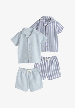 Two sets of children's short-sleeve, button-up striped pajamas with matching elastic waist shorts in light blue and blue-gray colors.