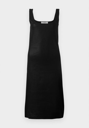 Zwarte mouwloze jurk met een vierkante halslijn en een rechte silhouet. Gemaakt van een gladde, lichte stof met een minimalistisch ontwerp.