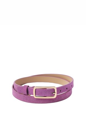 Pink suede belt with a narrow design, featuring a gold rectangular buckle and multiple adjustment holes for size versatility.