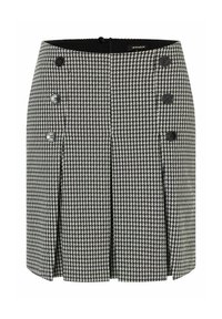 Ruitjesrok in zwart-wit met houndstooth-patroon, voorzien van zes zwarte knopen, geplooid ontwerp en een verborgen ritssluiting aan de achterkant.