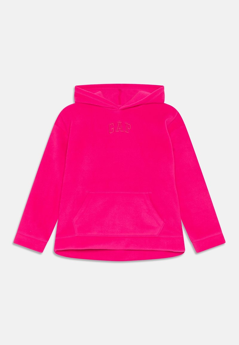 Sweat à capuche rose vif avec poche kangourou à l'avant et logo "GAP" brodé sur la poitrine, présenté sur fond blanc.