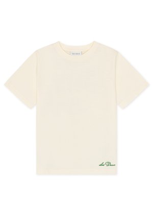 Simpel off-white T-shirt med korte ærmer og rund hals med lille grønt "Les Deux" logo nederst til højre foran.