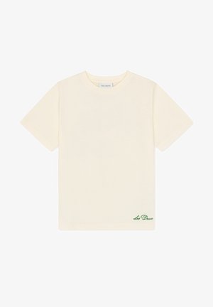 Effen gebroken wit T-shirt met korte mouwen en ronde hals, met klein groen "Les Deux" logo rechtsonder vooraan.