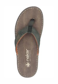 Dark green flip-flop sandal with a brown textured footbed, orange stitching, and a black strap, featuring the Rieker logo on the insole.