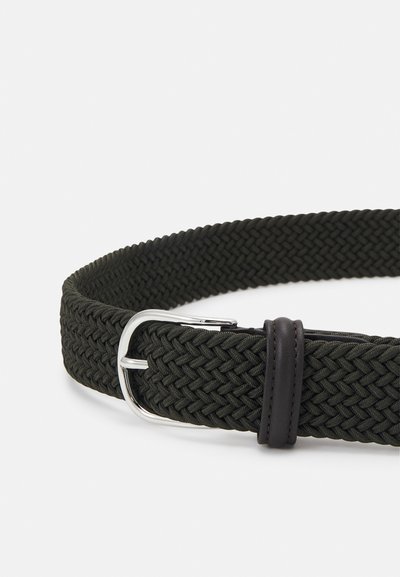 Woven fabric belt in dark green, featuring a silver-toned buckle and a brown leather accent. Smooth texture with a flexible, adjustable design.