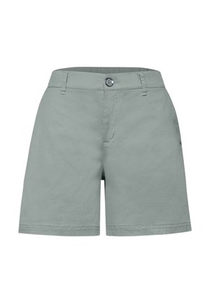 Světle šedé ležérní šortky se zapínáním na knoflík, poutky na opasek a předními kapsami, zobrazené na čistém bílém pozadí.