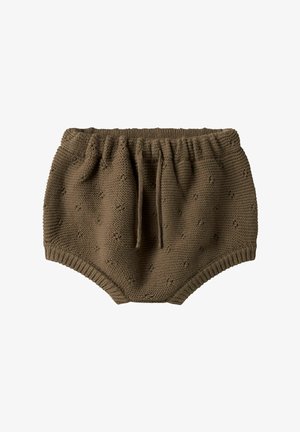 Pantaloncini per bambini marroni lavorati a maglia con vita elastica, coulisse e un delicato motivo a puntini in rilievo.