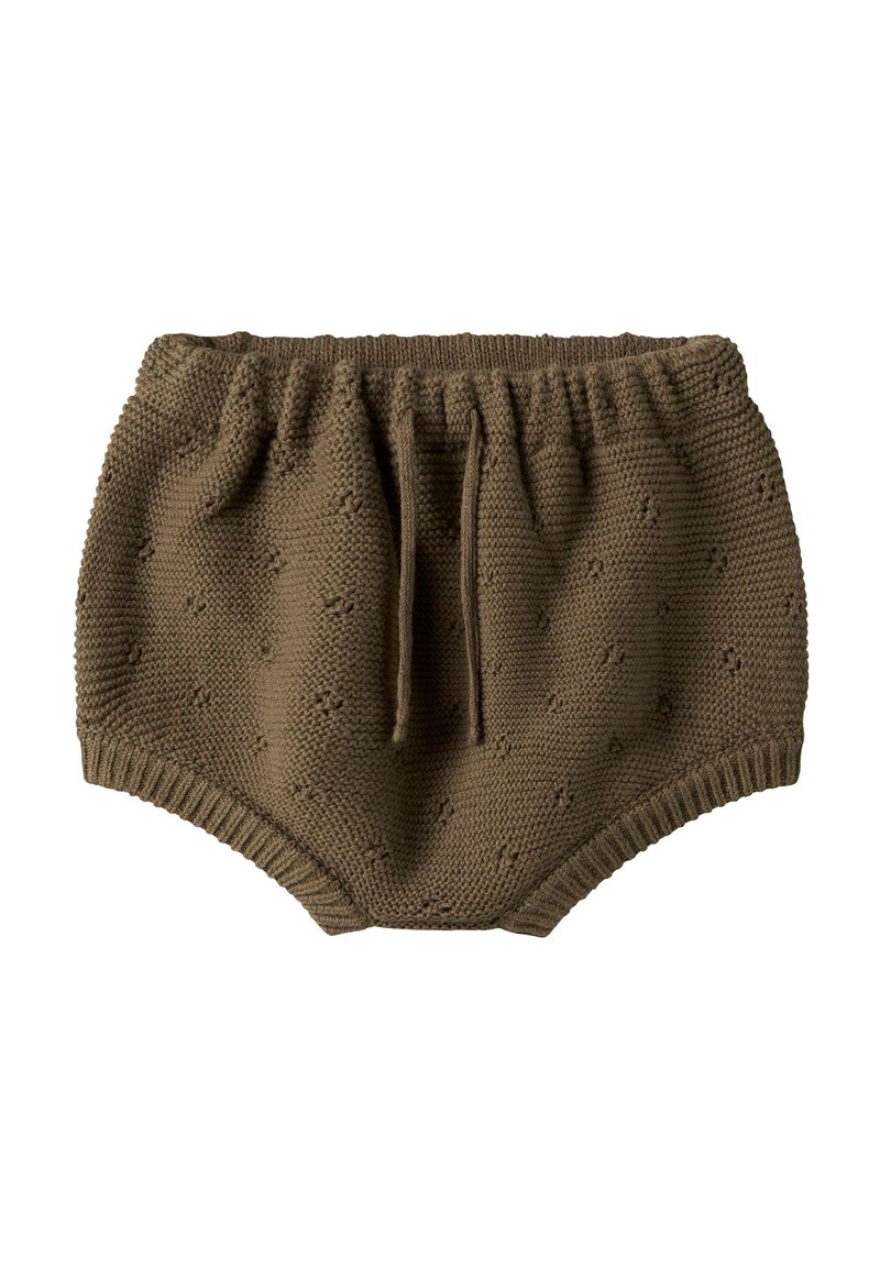 Culottes pour bébé en tricot brun avec ceinture élastique, lien de serrage et motif discret à pois texturé.