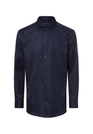 Dunkelblaues Langarmhemd mit weißen Punkten, Kentkragen und blauen Knöpfen. Glatter Stoff mit tailliertem Design.