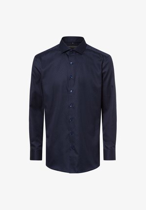 Dunkelblaues Langarmhemd mit weißen Punkten, Kentkragen und blauen Knöpfen. Glatter Stoff mit tailliertem Design.