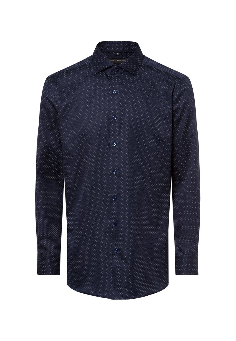 Dunkelblaues Langarmhemd mit weißen Punkten, Kentkragen und blauen Knöpfen. Glatter Stoff mit tailliertem Design.