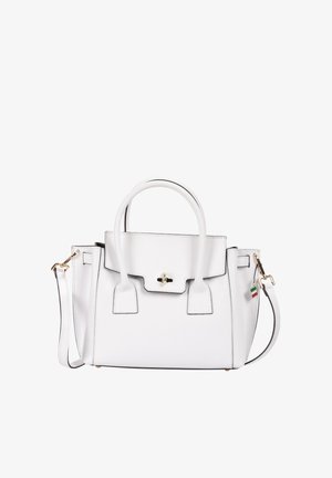White leather handbag with dual handles, a flap closure with gold clasp, adjustable shoulder strap, and a small Italian flag charm attached.
