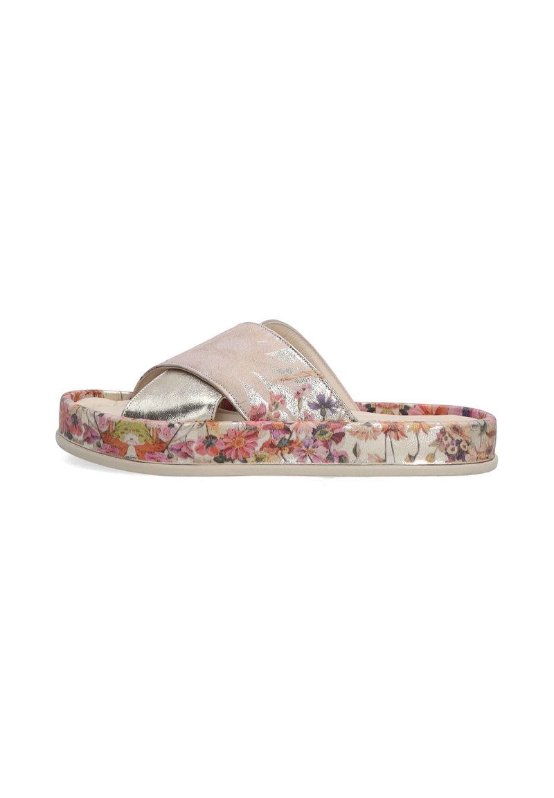 Slide sandal with a cross-strap design in soft pink and metallic accents. Floral-patterned sole and a textured upper for comfort.