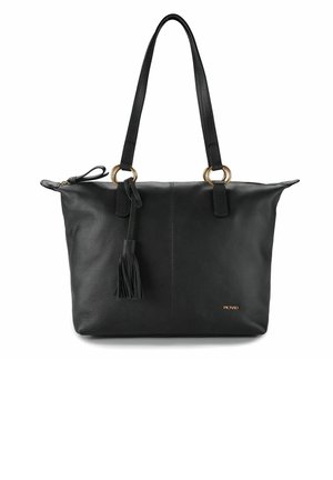 Schwarze Leder-Totebag mit strukturiertem Finish, Quastendetail und goldfarbener Hardware. Verfügt über zwei lange Griffe und einen Reißverschlussverschluss.