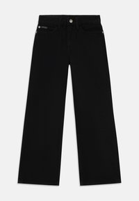 Schwarze weit geschnittene Jeans aus Denim. Mit einem Frontknopf und einem Reißverschluss, einem Fünf-Taschen-Design und einem dezenten Logo-Akzent am Bund.