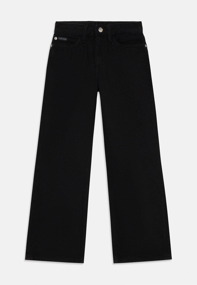 Schwarze weit geschnittene Jeans aus Denim. Mit einem Frontknopf und einem Reißverschluss, einem Fünf-Taschen-Design und einem dezenten Logo-Akzent am Bund.