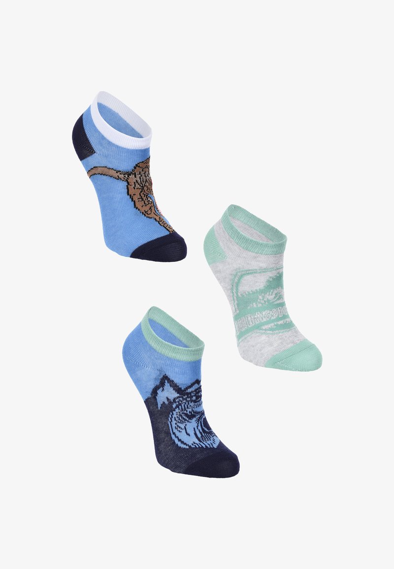 Multicolored ankle socks featuring a blue base with brown design, light gray with green accents, and blue-green mountains pattern.