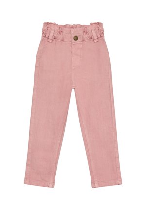 Lyserøde bomuldsbukser med elastisk talje, lige ben og forreste knaplukning. Har sidelommer og en glat tekstur.