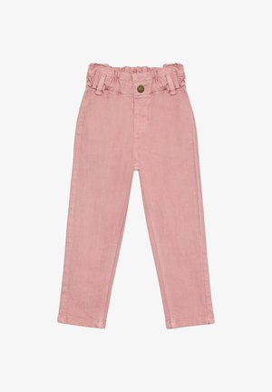 Pantalon en coton rose avec une taille froncée, une coupe droite et une fermeture à boutons à l'avant. Comprend des poches latérales et une texture lisse.